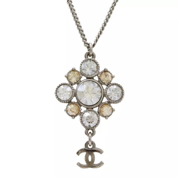 CHANEL CC Logo Rhinestone Dangle Necklace 18" Silver Tone Auth C11V w/Box - Picture 1 of 16